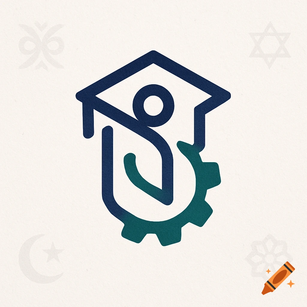 Minimalist logo combining a dark blue graduation cap with a teal and blue abstract human figure and gear, set against a light background with faint cultural symbols.