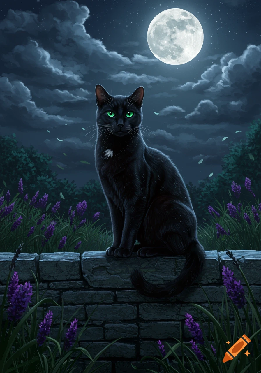 A black cat with bright green eyes sits on a stone wall at night under a full moon, surrounded by purple lavender flowers in a digital painting.