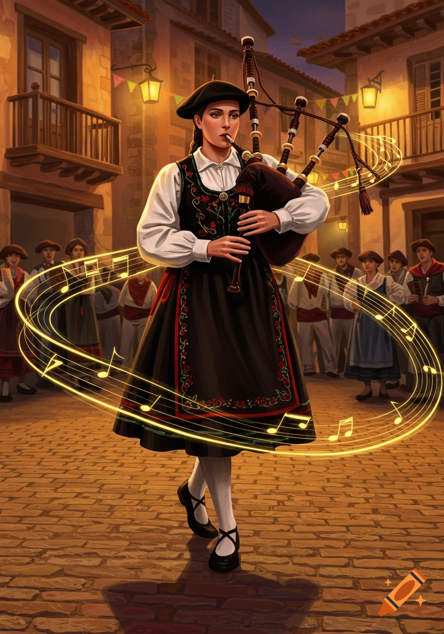 An illustrated woman in traditional Basque attire plays bagpipes on a cobbled street, surrounded by glowing musical notes and other villagers at dusk.