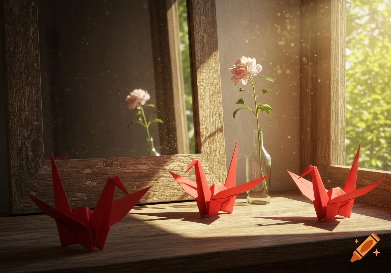 Three red origami cranes on a wooden window sill, reflecting in a mirror next to a pink flower in a vase, bathed in warm sunlight.
