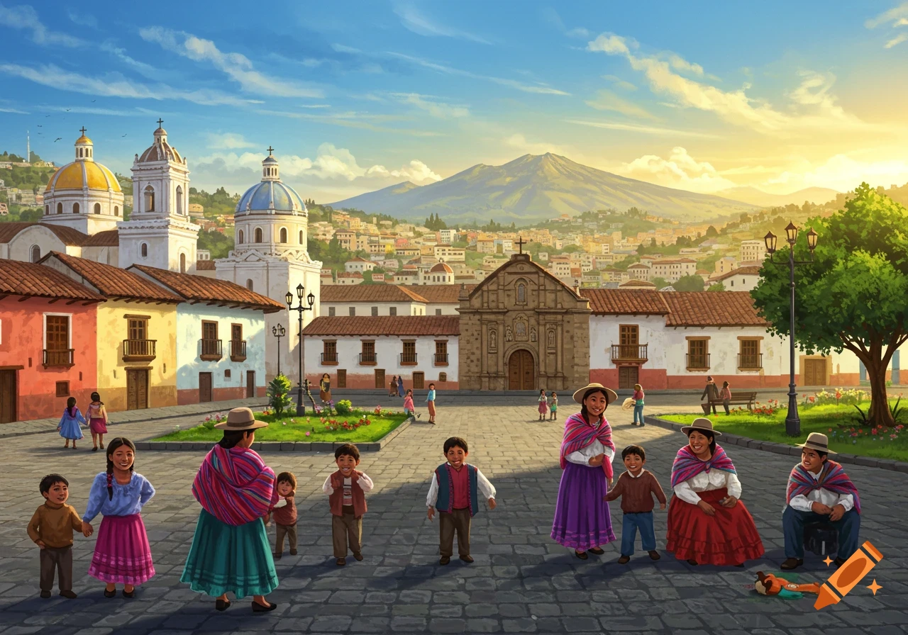 A happy family in a vibrant town square with colorful colonial buildings and distant mountains, illustrated in a bright style.