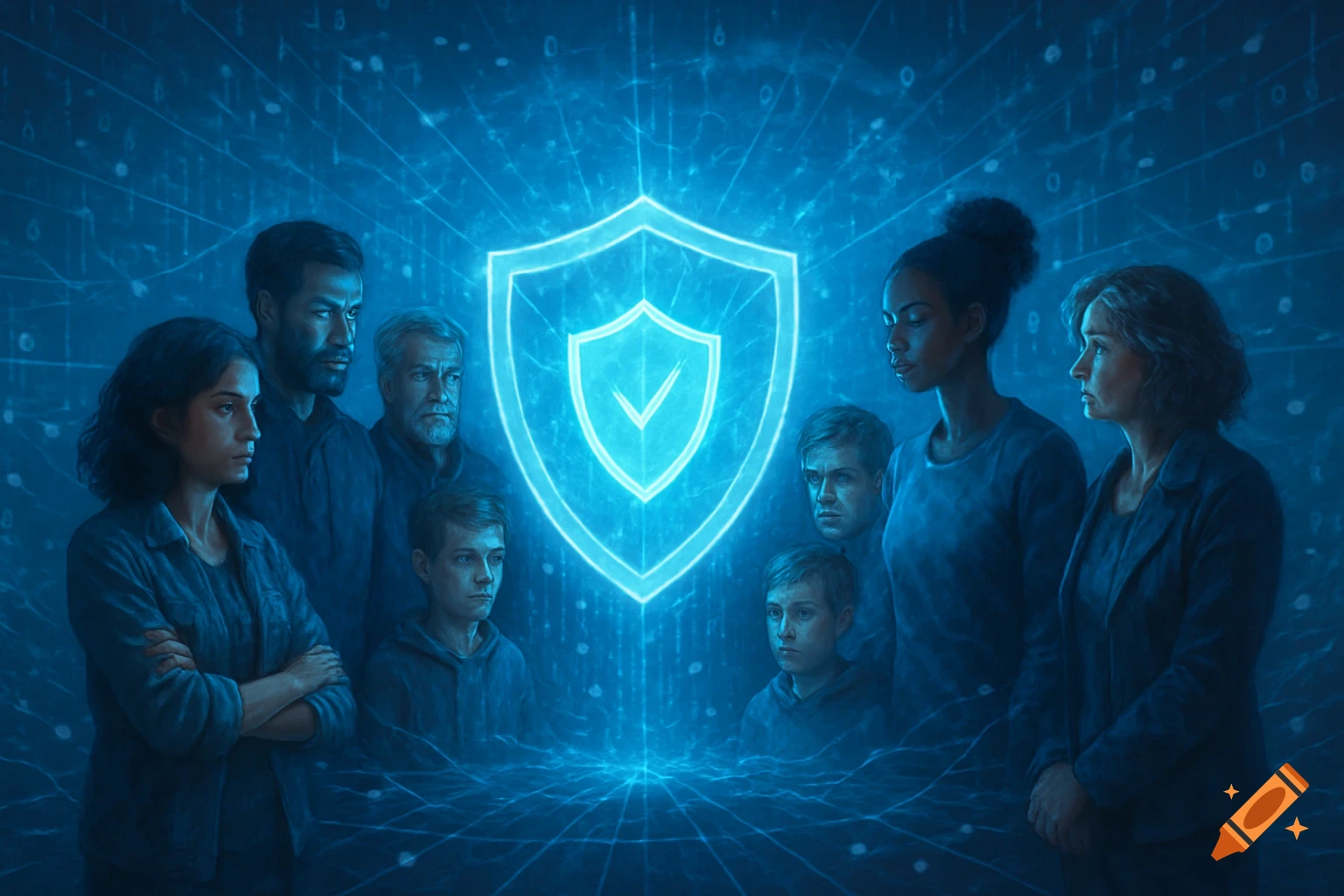 A diverse group of people looking at a glowing blue security shield with a checkmark against a dark digital background in a digital art style.