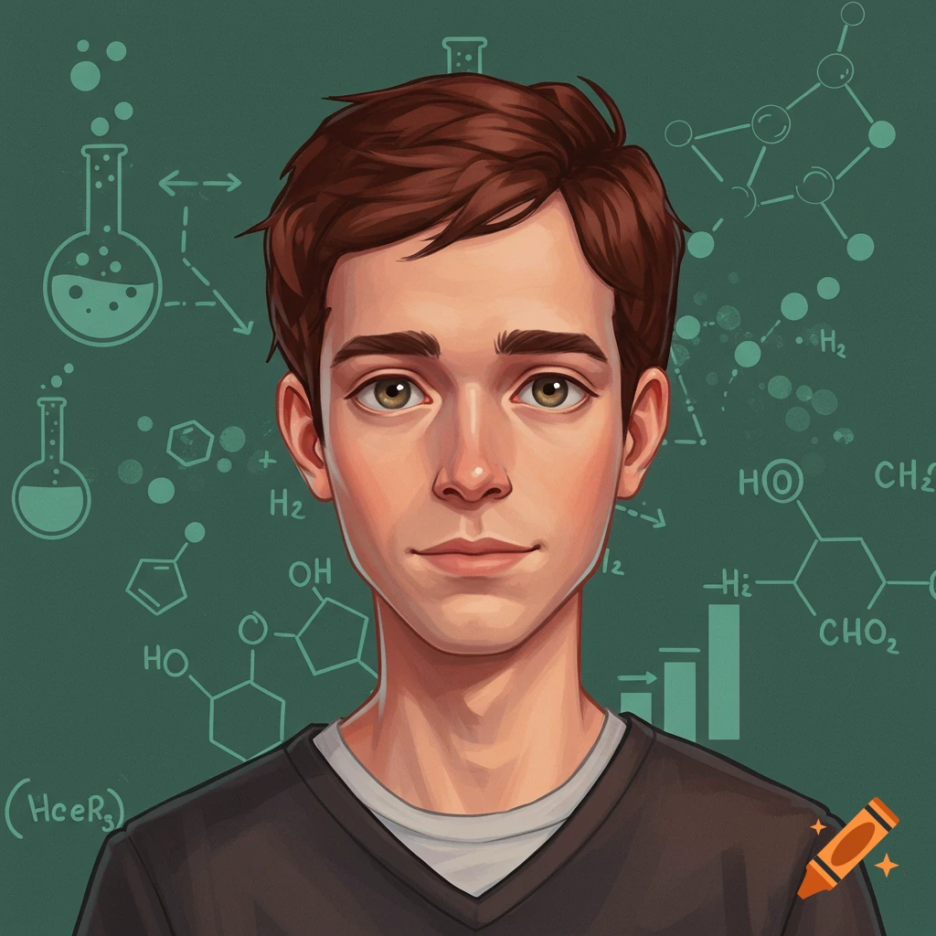 Illustrated portrait of a young man with brown hair and eyes, on a green background with chemistry symbols.