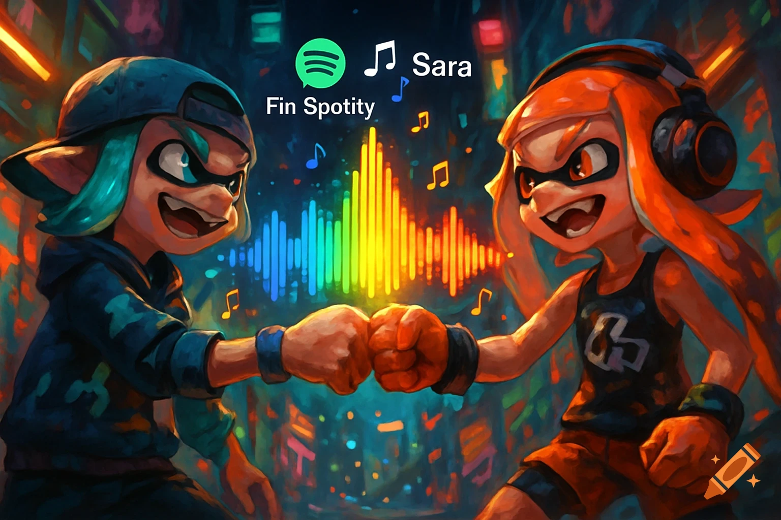 Two anime-style characters, reminiscent of Splatoon, fist bump in a vibrant, neon-lit music scene with a Spotify logo and equalizer.