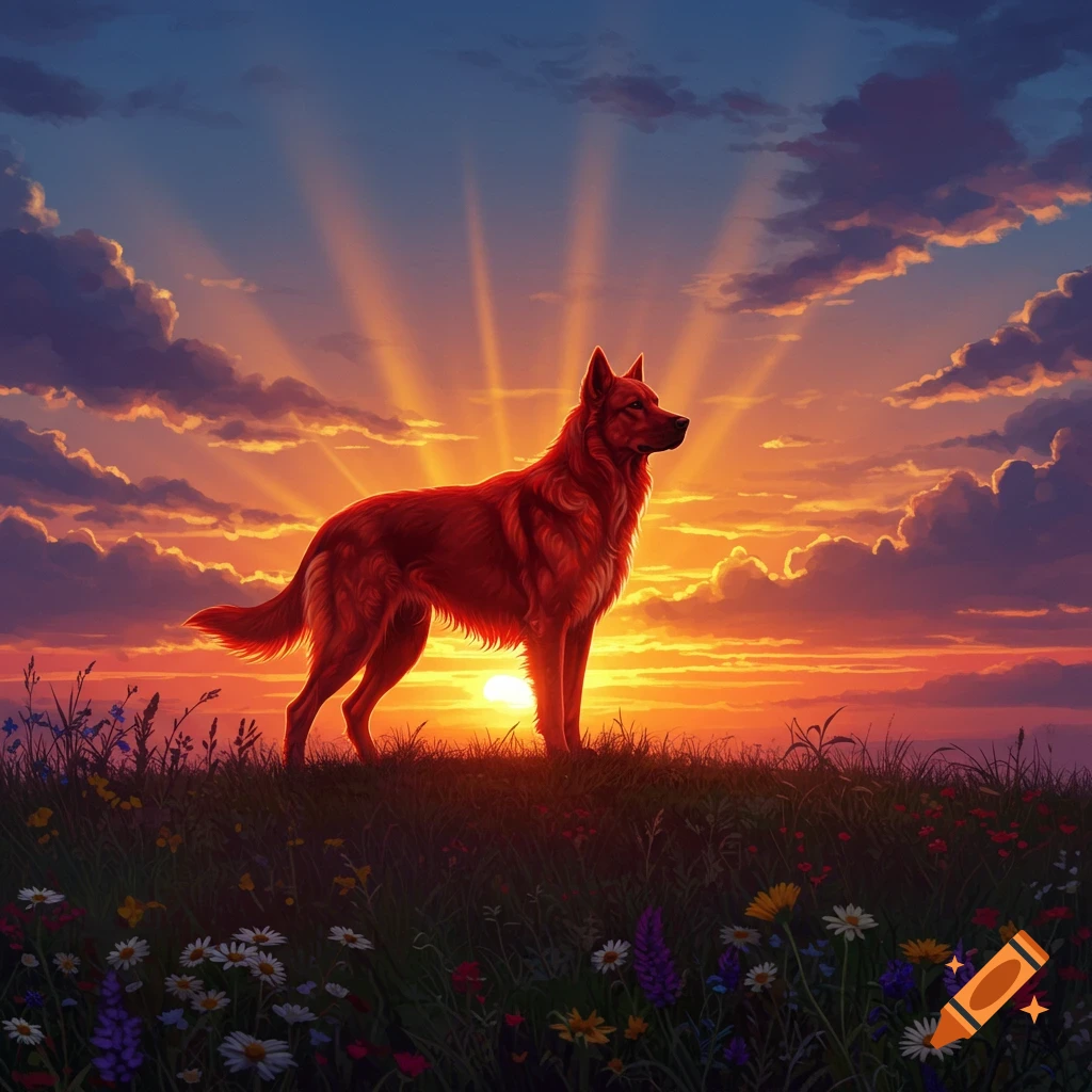 A red dog stands silhouetted on a grassy hill with colorful flowers against a vibrant orange and blue sunset with sun rays.