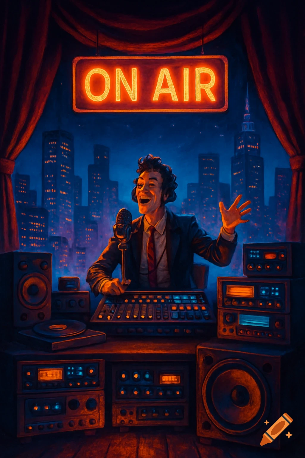 Stylized illustration of a happy radio DJ at a soundboard, with an 'ON AIR' sign and city skyline backdrop.