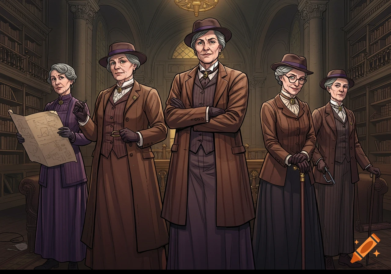 Five older women in Edwardian brown and purple outfits stand in a graphic novel style library, one holding a map.