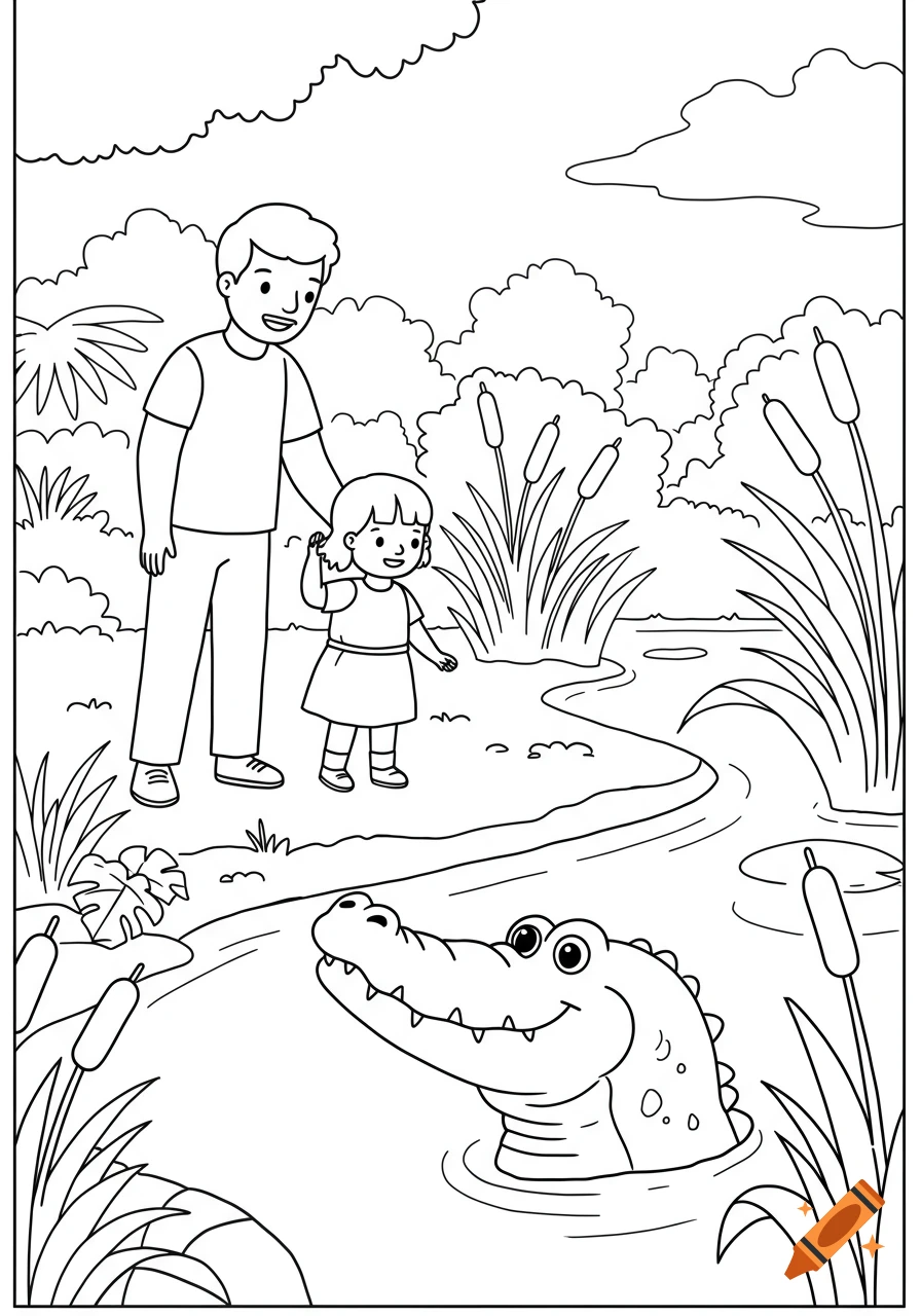 Outline coloring page of a dad and daughter on a riverbank with a friendly alligator peeking from the water amidst plants.