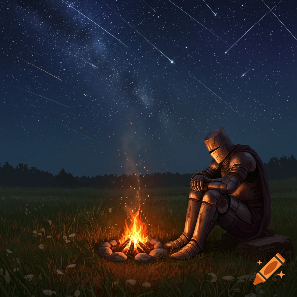 A lonely knight in full armor sits by a campfire in a grassy field under a starry night sky with shooting stars, digital art.