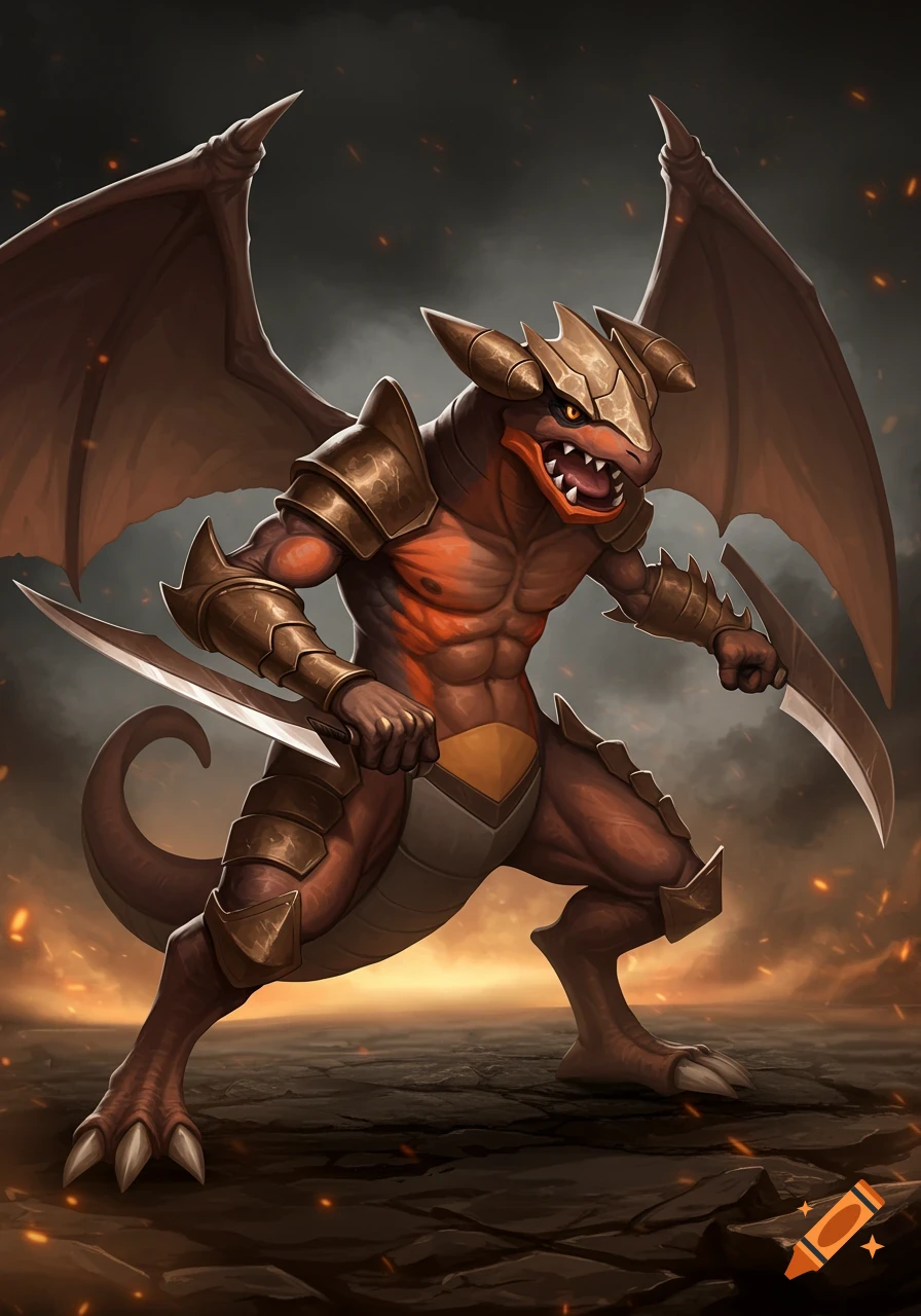 A fierce, armored dragon-like Pok 00e9mon in a prowling stance, holding two curved blades, against a dark, fiery background.