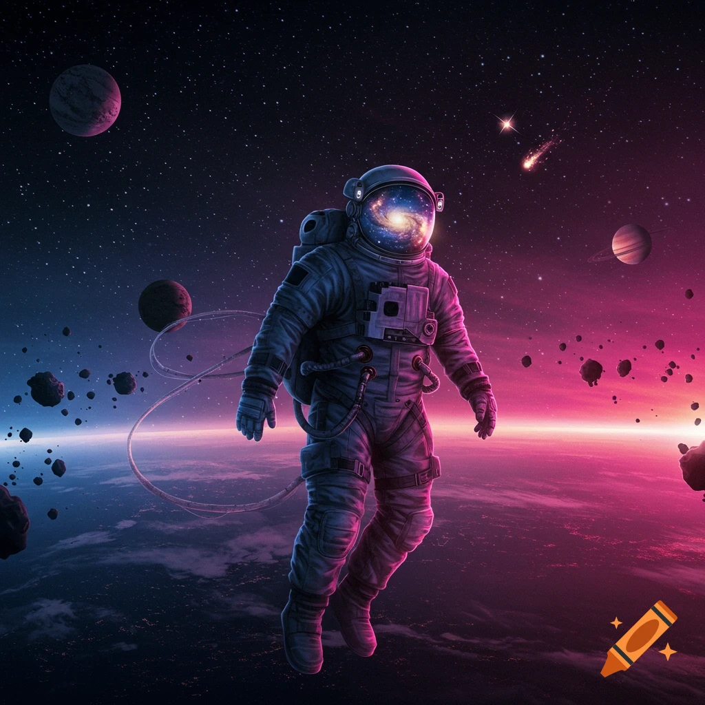 An astronaut floats in colorful space, with planets, asteroids, and a galaxy visible in their helmet visor.