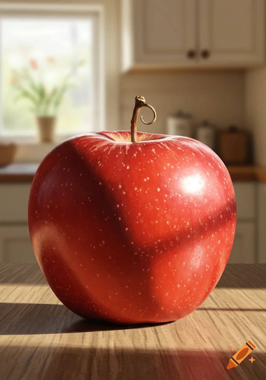 A close-up, photorealistic image of a single red apple with a curly stem on a wooden kitchen table, bathed in sunlight.