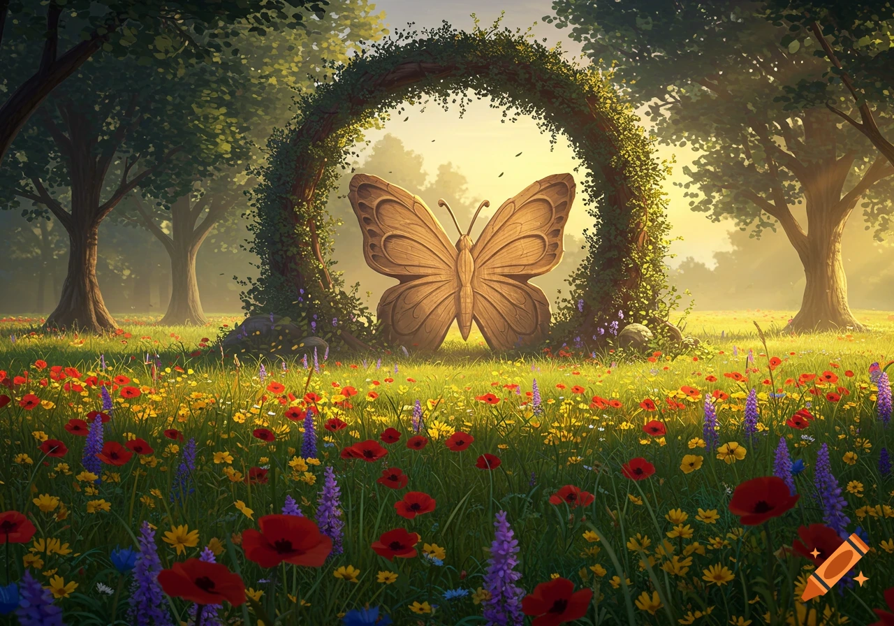 A vibrant meadow filled with red, yellow, and purple flowers under a sunlit sky, with a large wooden butterfly carving beneath a vine archway.