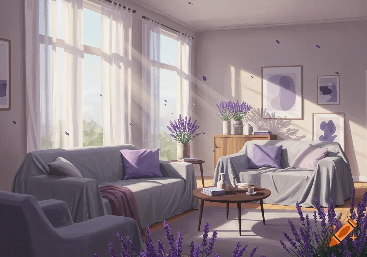 A bright and serene living room with grey sofas, lavender pillows, and lavender floral arrangements under sunny windows.