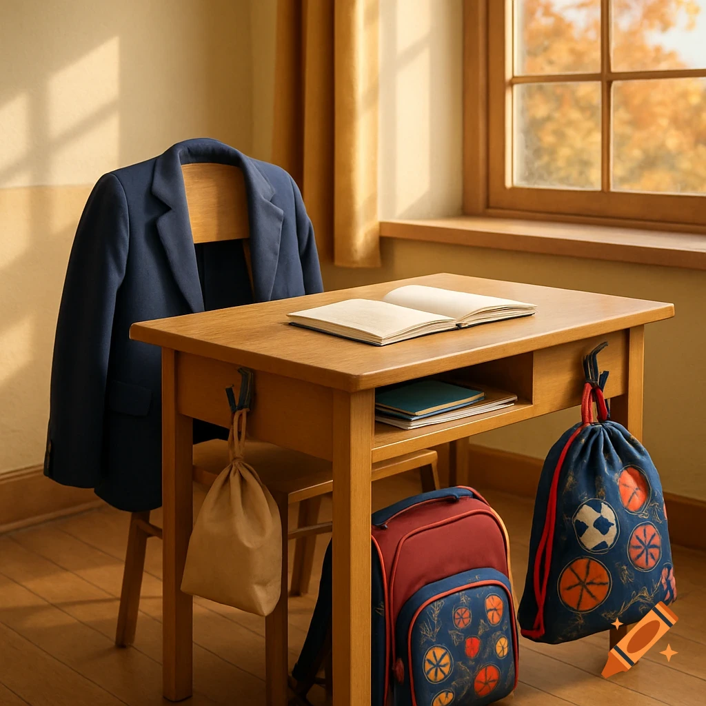 A neat school desk with a navy jacket on the chair, an open book, and various bags hanging underneath, bathed in warm sunlight.
