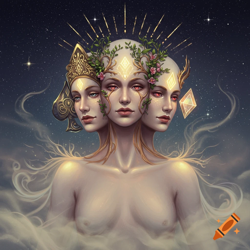 An ethereal being with three serene female faces and bare chest, adorned with gold, leaves, and a spade crown, against a starry sky with clouds.