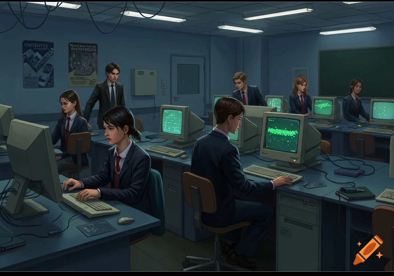 Illustration of students in formal wear working on vintage computers in a 2000s-era computer lab.