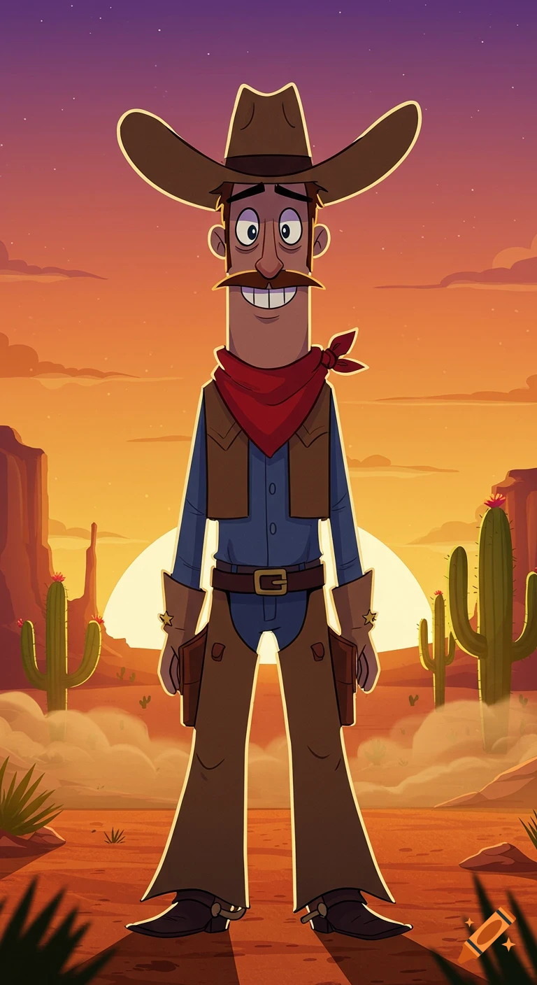 A smiling cartoon cowboy with a mustache and hat stands in a desert landscape with cacti and mesas at sunset.