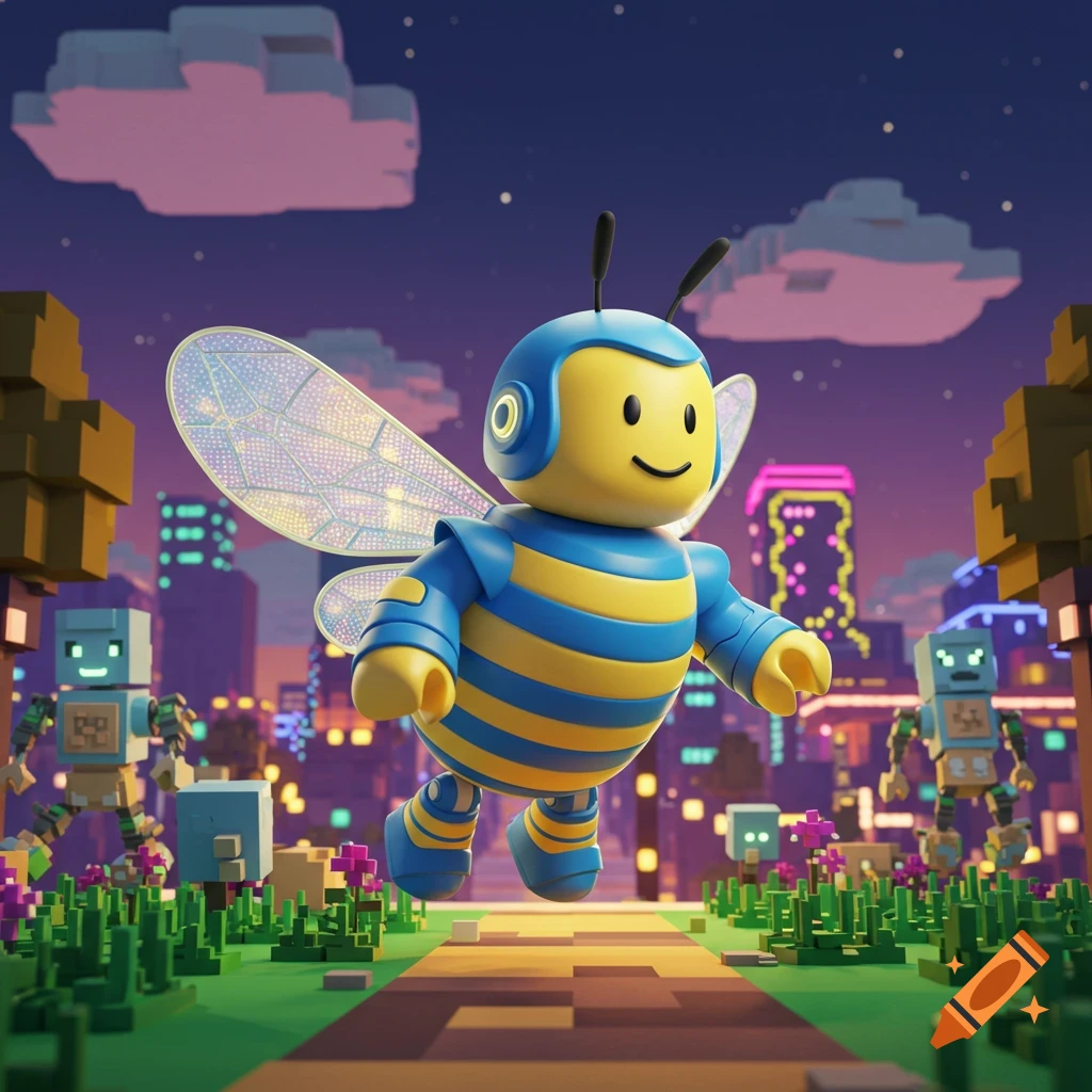 A cheerful blue and yellow bee-like robot with shiny wings floats above a pixelated city at night, with blocky trees and robots.