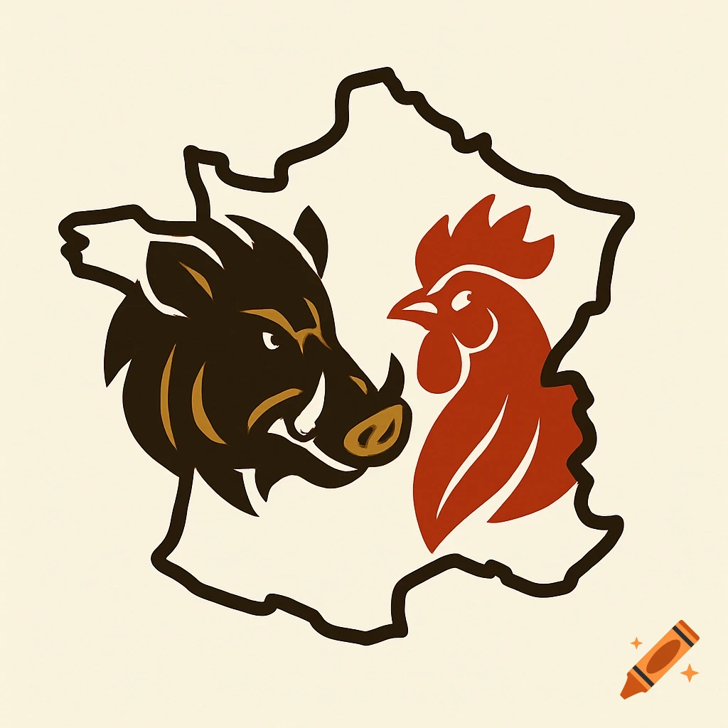 Stylized logo of a boar head and a rooster head within the outline of France.