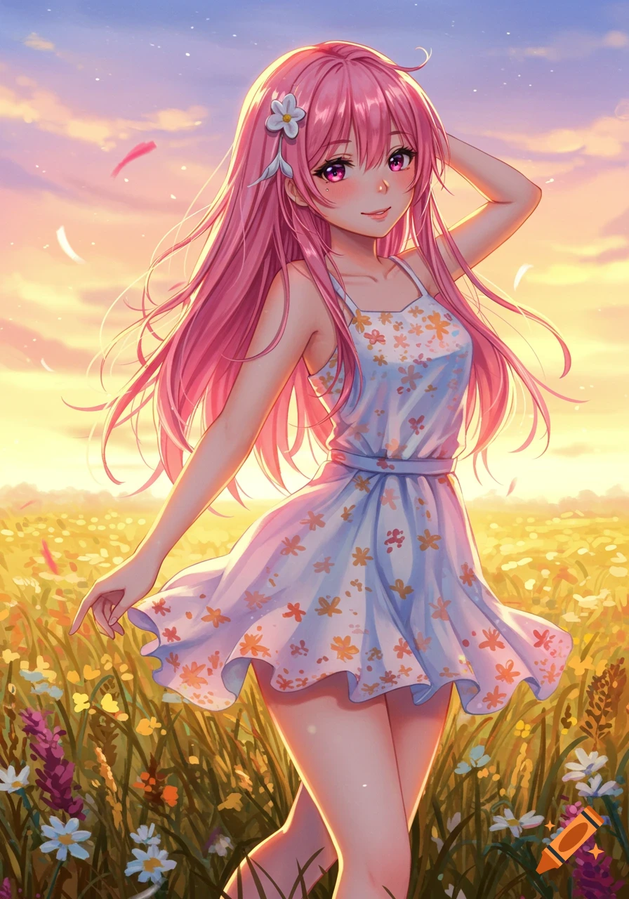 Anime girl with long pink hair and a floral summer dress stands in a sunny field of flowers at sunset.