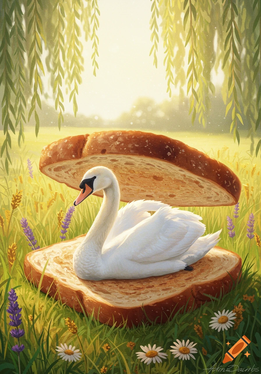 White swan nestled between two slices of bread in a sunny meadow with willow trees and wildflowers, whimsical style.