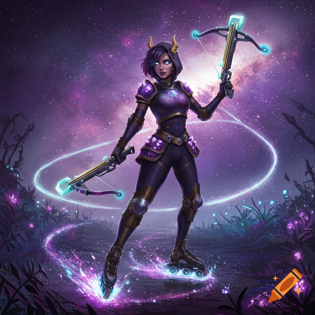 A purple-armored demon hunter with horns and roller skates holds two glowing crossbows in a cosmic fantasy landscape.