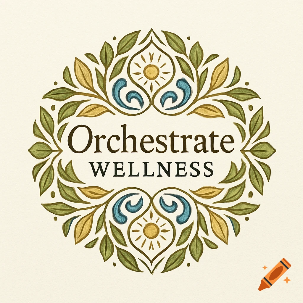 Circular logo with text 'Orchestrate WELLNESS' surrounded by green leaves, blue swirls, and small yellow suns, illustrative style.