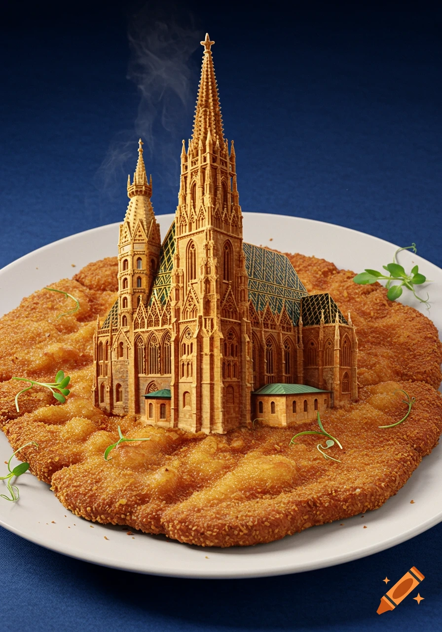 A detailed model of St. Stephen's Cathedral in Vienna sits atop a large, crispy Wiener Schnitzel on a white plate, with steam rising.