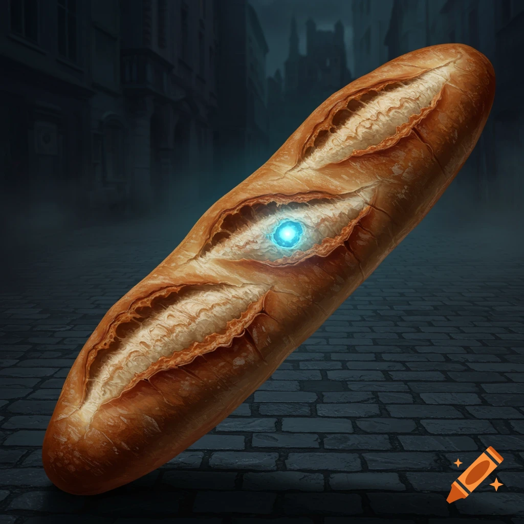 An eerie baguette with a glowing blue eye in the middle, floating above a dark cobblestone street.