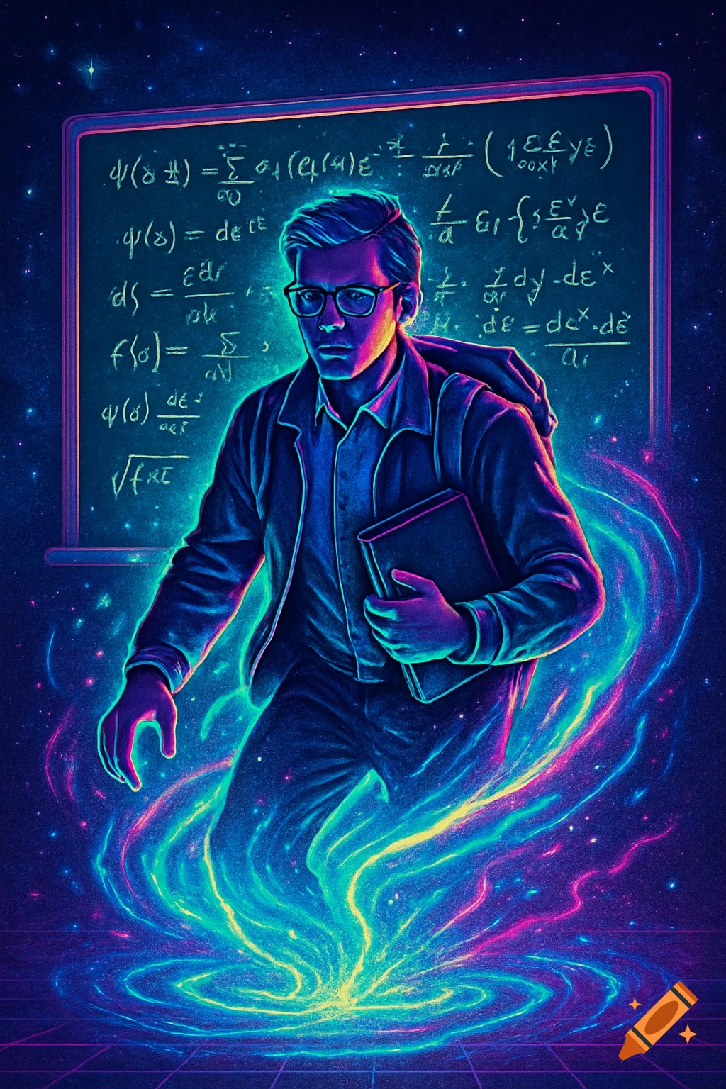Retro-futuristic illustration of a student emerging from a colorful energy field with a blackboard of cosmic formulas.