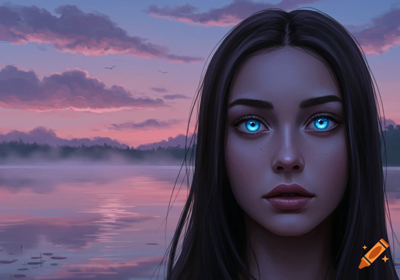 Digital art portrait of a woman with glowing blue eyes, against a pink and purple sunset over a misty lake and forest.