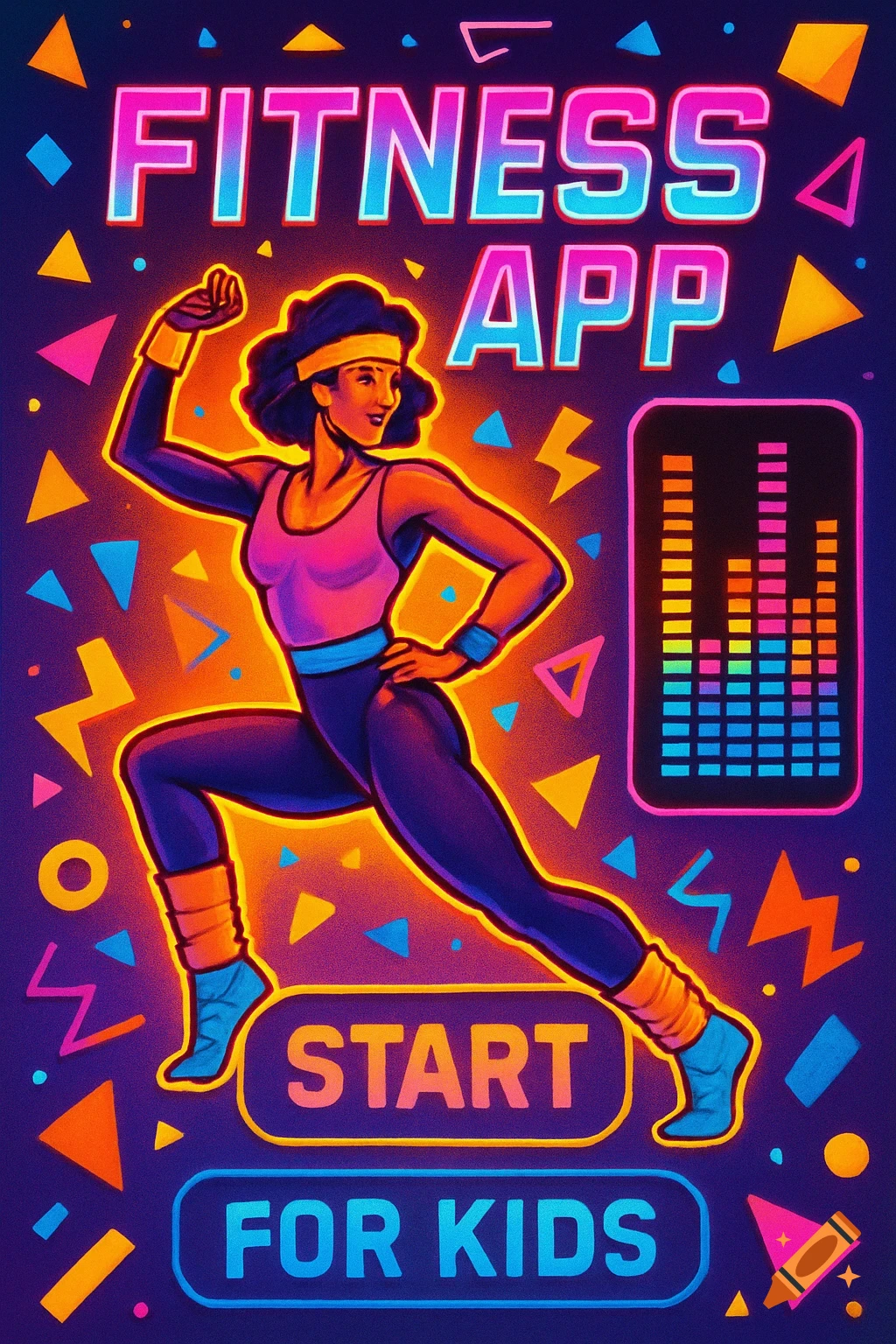 A vibrant 1980s themed fitness app poster featuring a woman exercising, neon colors, geometric shapes, and text 'FITNESS APP START FOR KIDS'.