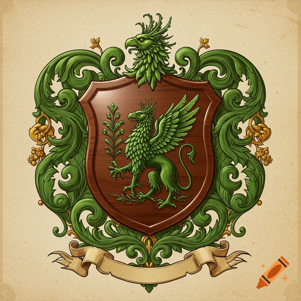 An ornate heraldic coat of arms with a green griffin crest and another green griffin on a wooden shield, adorned with green foliage and a blank banner.