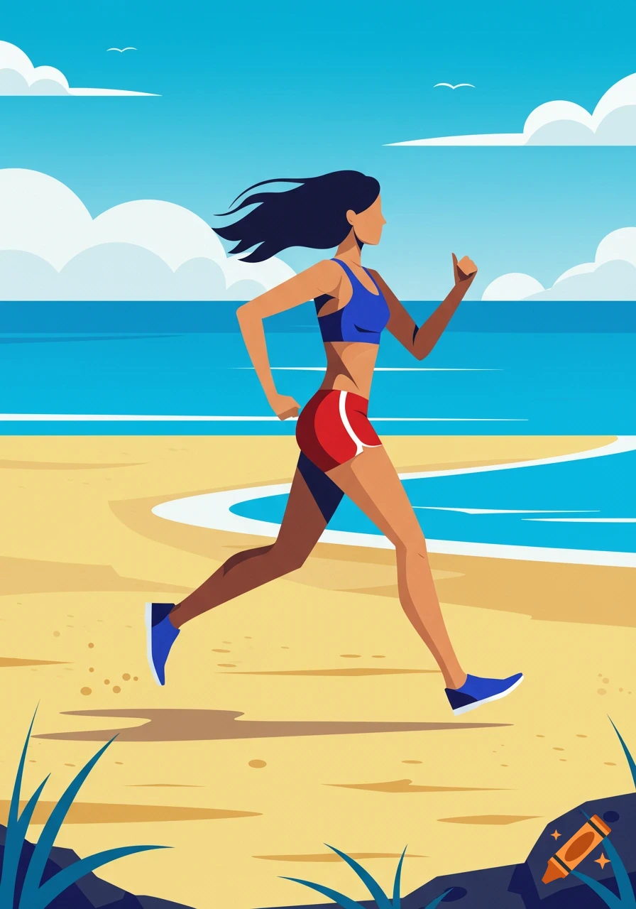 Stylized illustration of a woman jogging on a sandy beach next to the blue ocean.