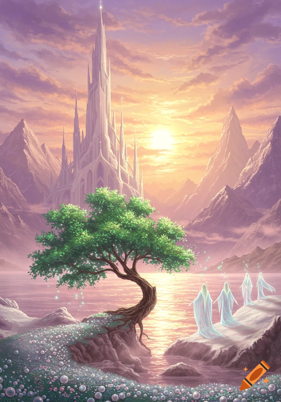 A majestic fantasy castle stands by a shimmering lake with a large tree. Four ethereal figures walk on the shore as the sun sets over mountains.
