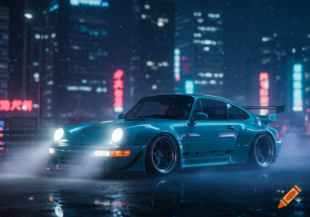 A turquoise Porsche 911 parked on a wet street in a futuristic city at night, with neon lights and falling snow.