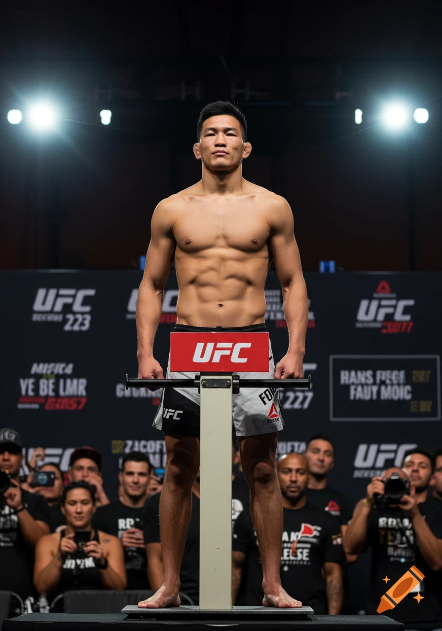 A muscular male MMA fighter shirtless in fight shorts stands on a scale at a UFC weigh-in, with a crowd and banners.