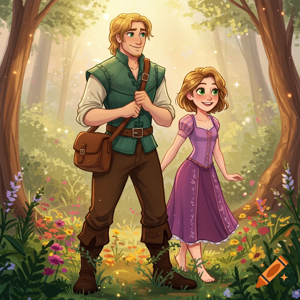 A cartoon man and woman resembling Flynn Rider and Rapunzel walk through a sun-dappled forest path filled with colorful flowers.