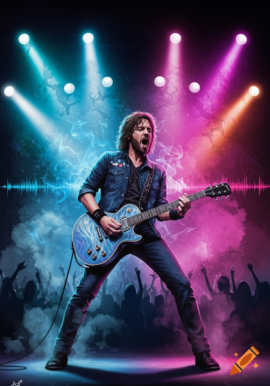 A male rock guitarist passionately plays a blue electric guitar on a vibrant stage under blue and pink neon lights, with an audience in silhouette.