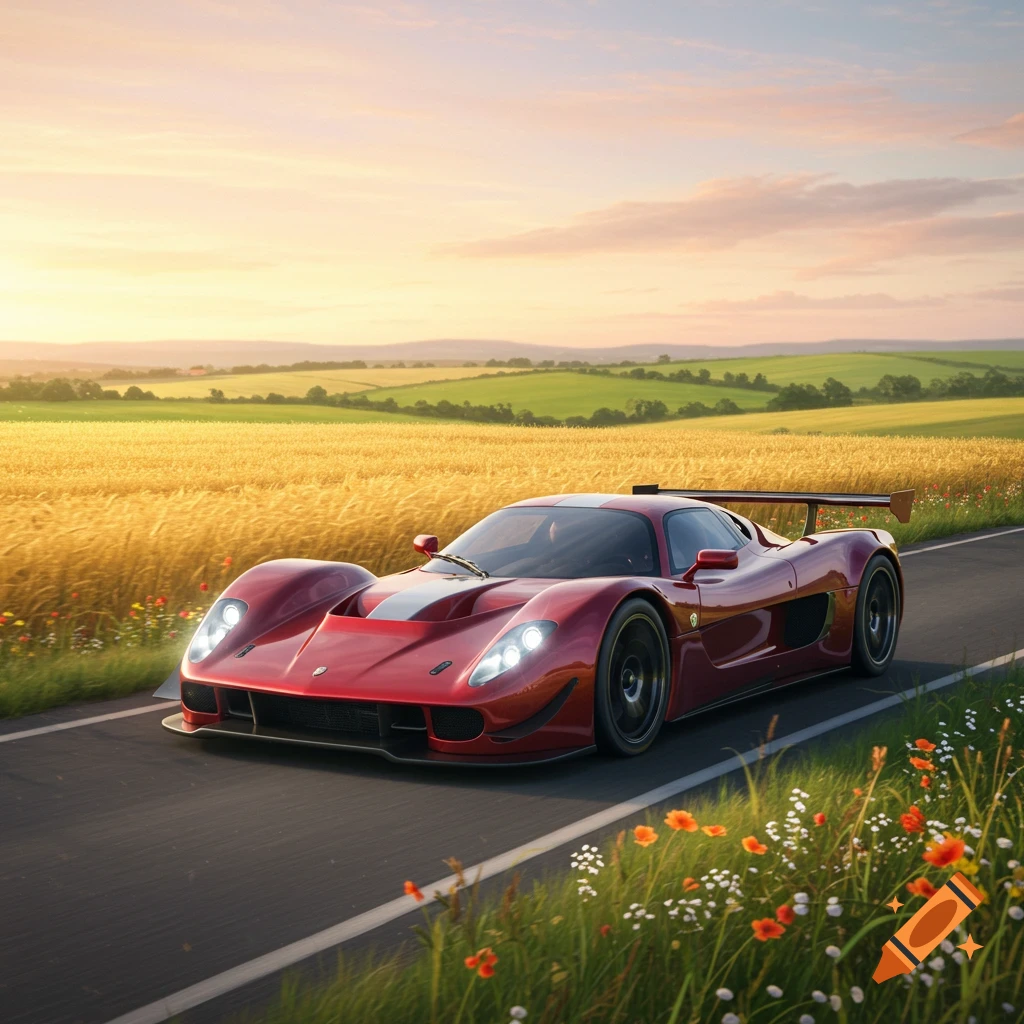 Red race car on a road next to a golden wheat field at sunset, with distant green hills.