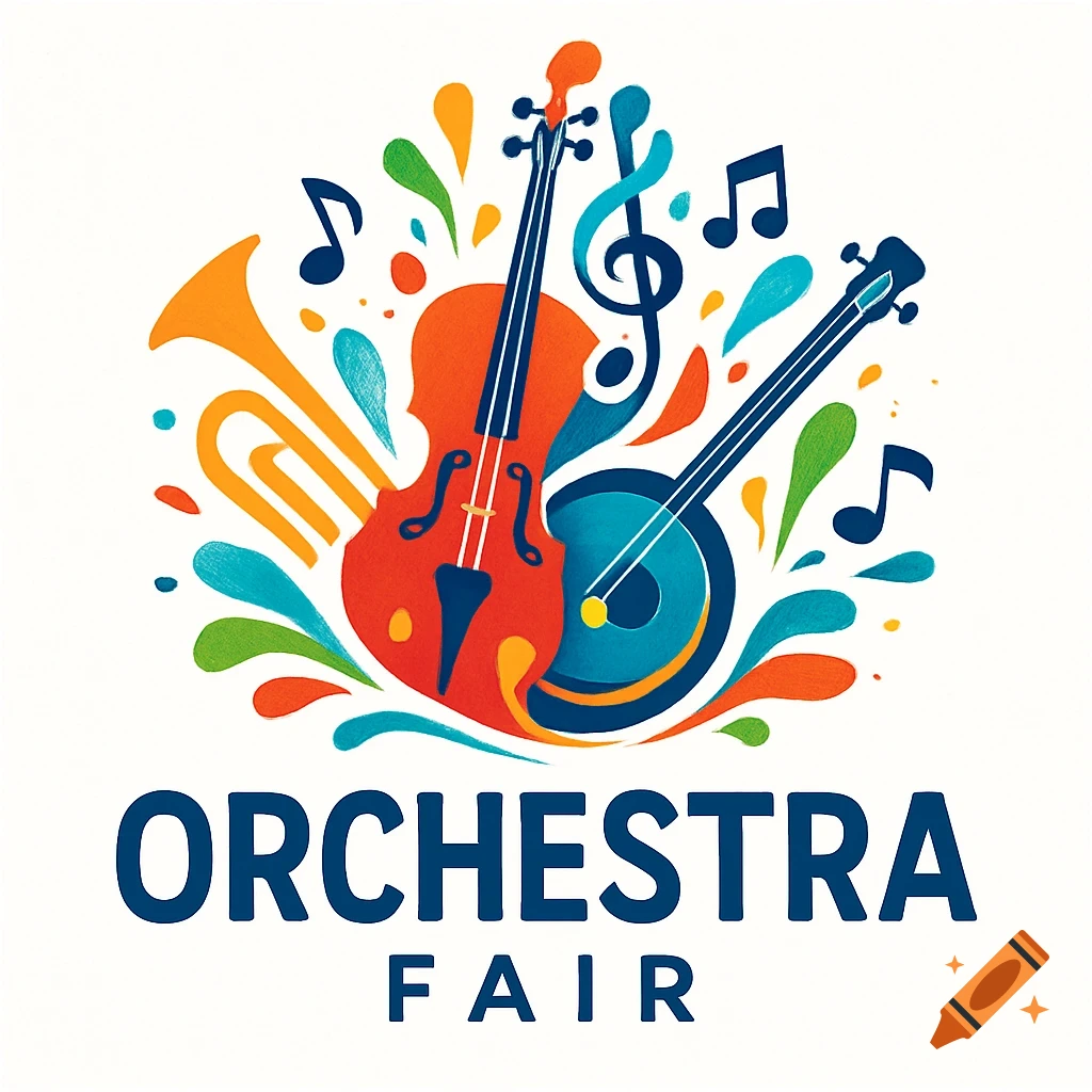 Colorful illustration logo featuring a violin, banjo, trumpet, musical notes, and the text 'ORCHESTRA FAIR'.
