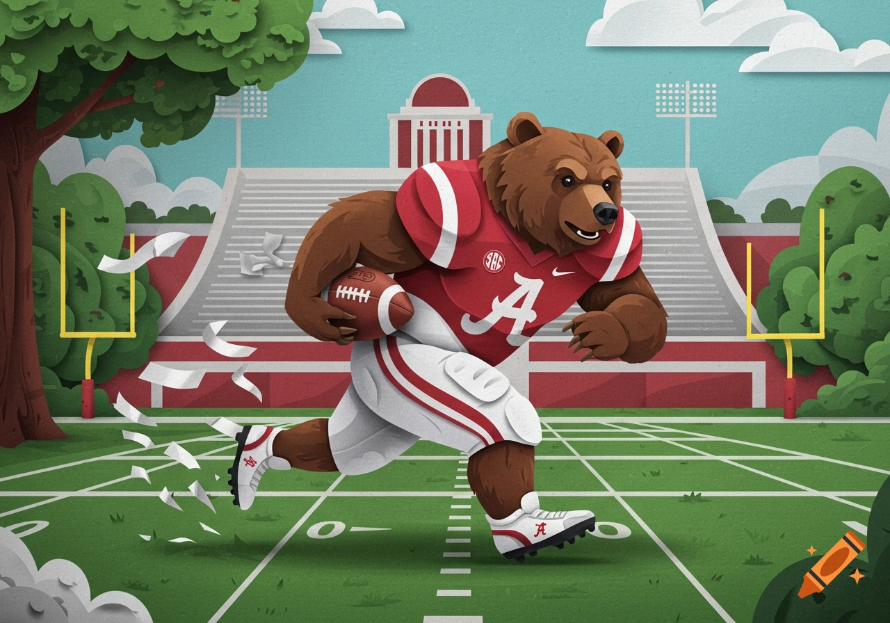 A paper craft illustration of a brown bear in an Alabama football uniform running on a field with a football.