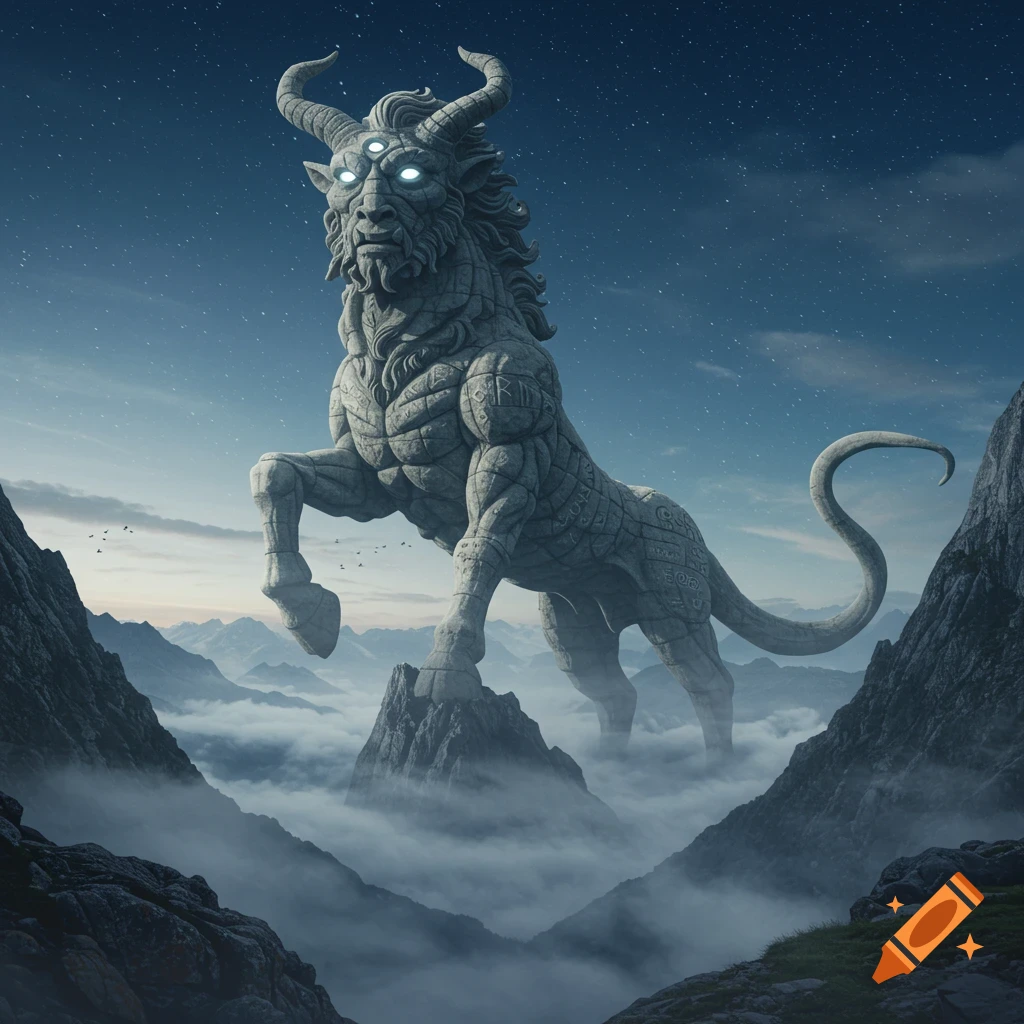 Photorealistic image of a colossal three-eyed stone goat-headed statue with hooves and a tail, standing on a misty mountain under a starry sky.