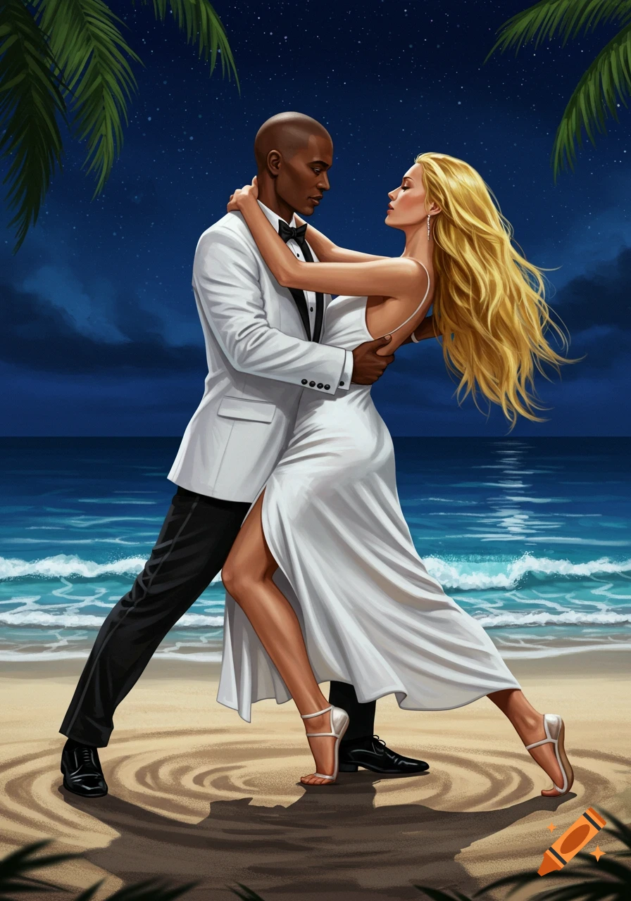 Digital illustration of a diverse couple dancing tango on a tropical beach at night under a starry sky. The man wears a white tuxedo, and the woman has long blonde hair in a white evening dress.