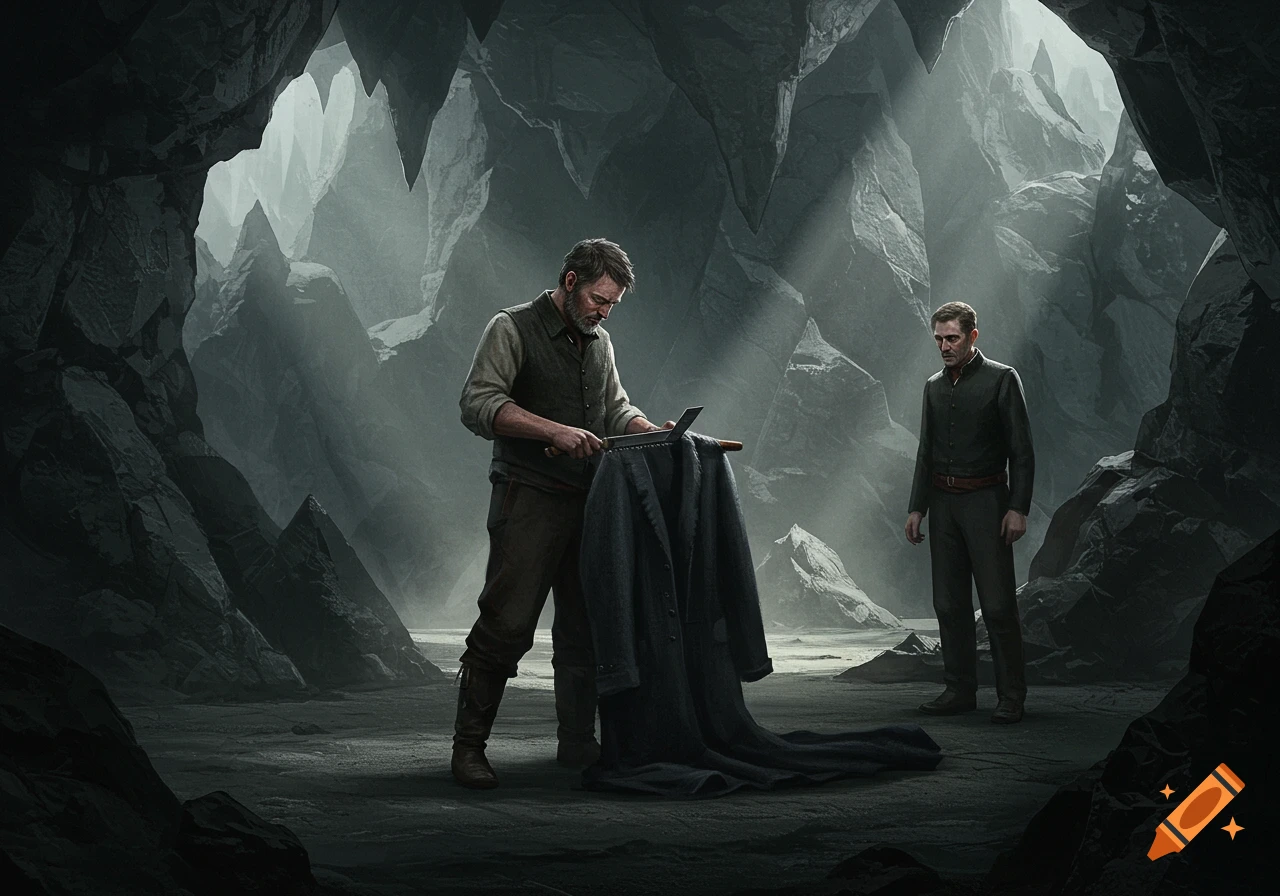 Two men in a dimly lit, rocky cave. One man with a beard cuts a dark coat with a knife, while another man watches him.