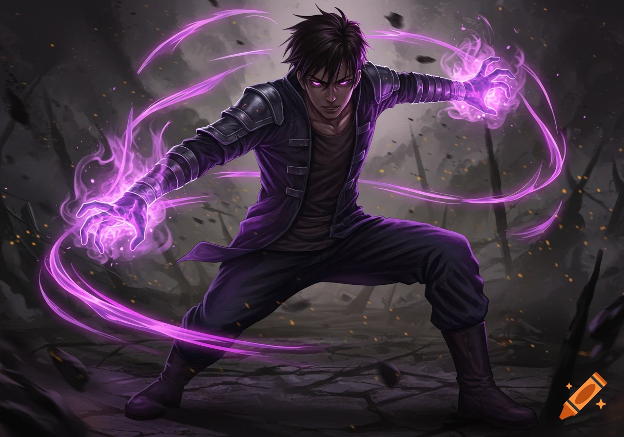 Anime character Sung Jin Woo in a battle stance, hands glowing with purple magic aura, in a dark setting.