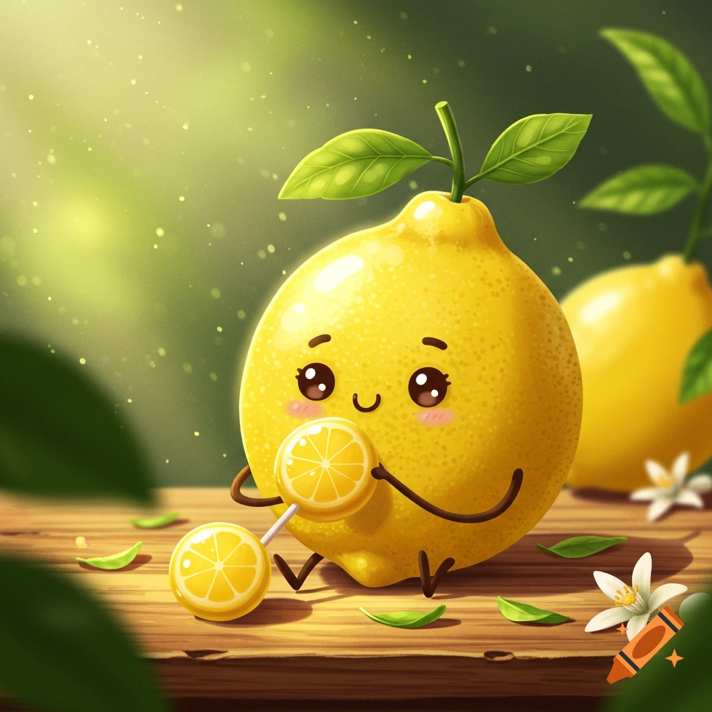 Cute cartoon lemon character holding two lemon lollipops on a wooden table with a green background.