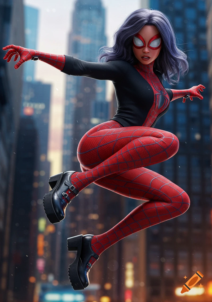 A stylized, photorealistic image of a female superhero (Spider-Sona) in a red webbed bodysuit and black top, mid-leap against a city backdrop.