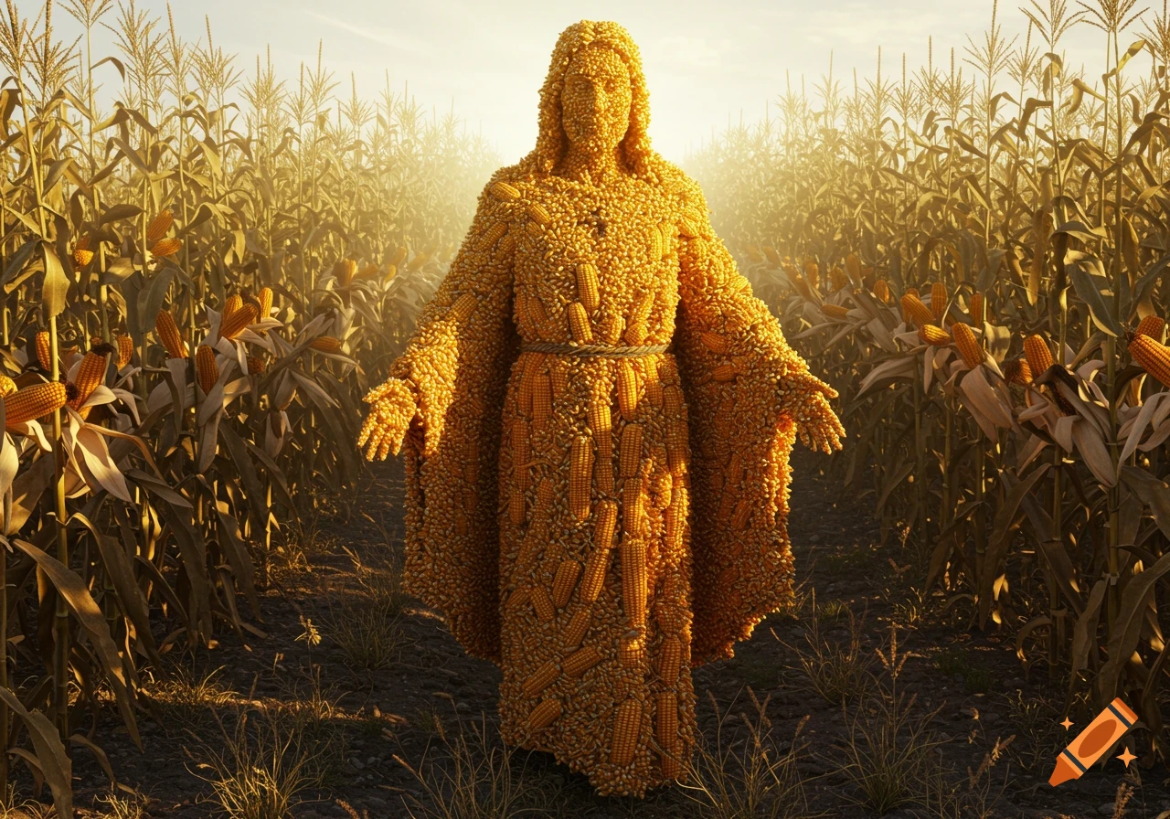 A photorealistic figure of Jesus made of corn and corn kernels stands in a sunlit cornfield.